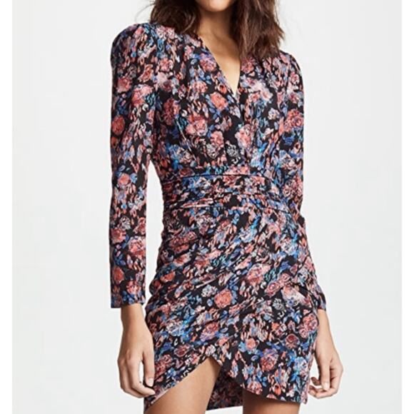 IRO Silk Floral Fling V Neck Drape Long Sleeve Mini Dress Dark Romantic Womens L
